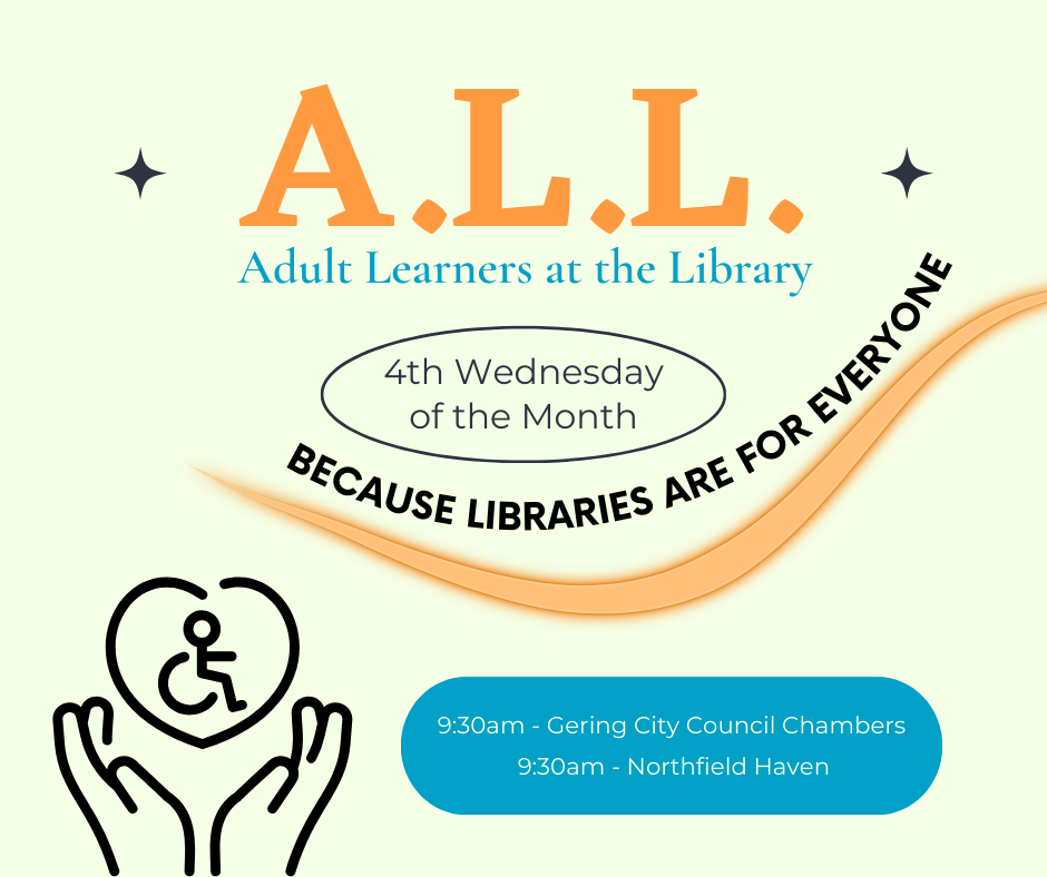 Adult Learners at the Library image with hands holding up a heart with a wheelchair in it.