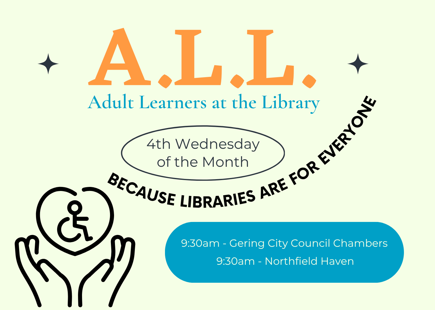 Adult Learner at the Library image with slogan "Because Libraries are for Everyone"