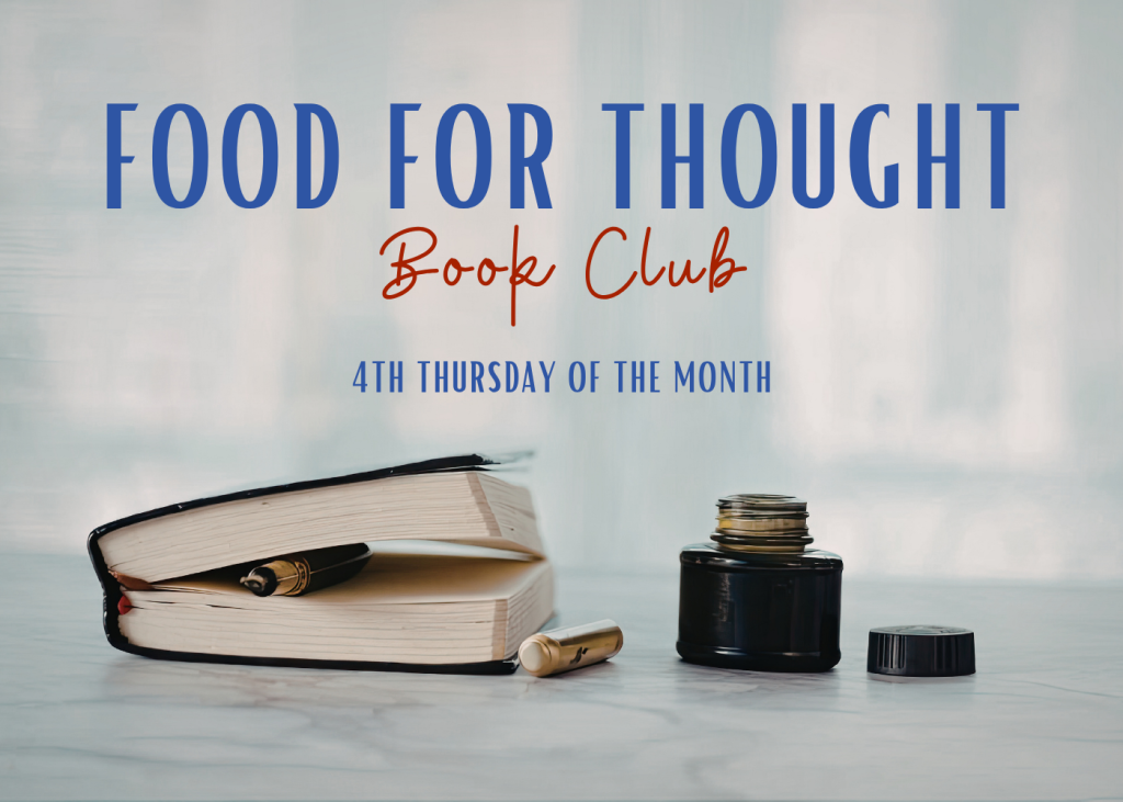 Food for Thought Book Club image with a book and inkwell on a table