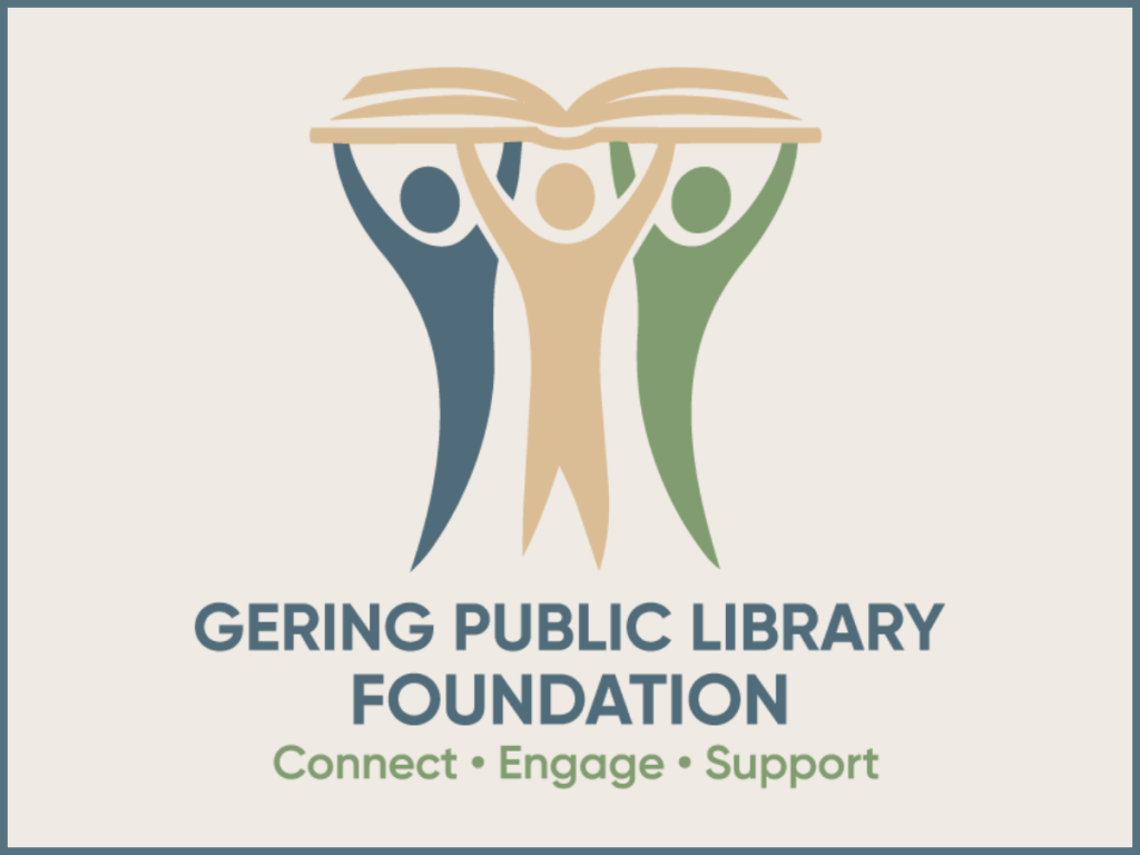 Logo for the Gering Public Library Foundation with three people holding up a book and the words "Connect - Engage - Support"