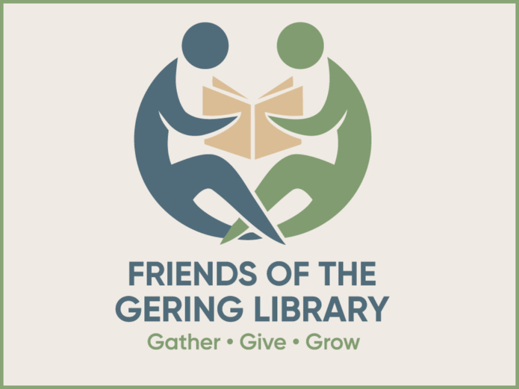 logo for the Friends of the Gering Library with two people reading a book together and the subtext Gather - Give - Grow
