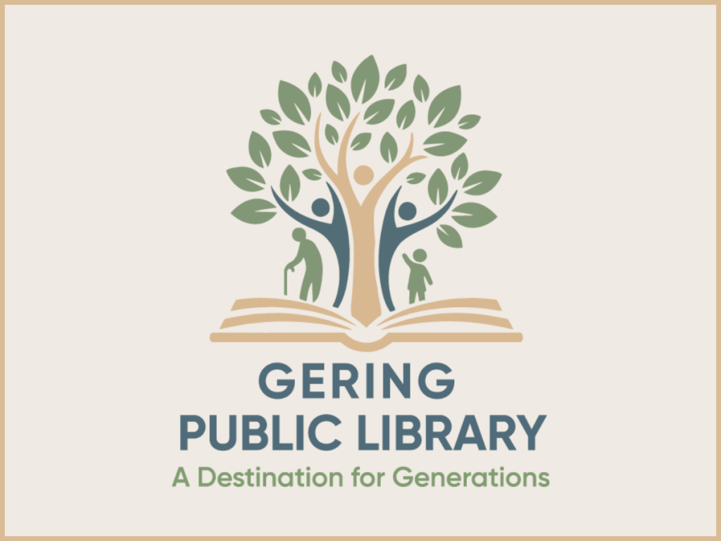 Logo for the Gering Public Library with the slogan "A Destination for Generations" and a tree coming out of a book with two people composing part of the tree and a child and older person on either side of the tree.