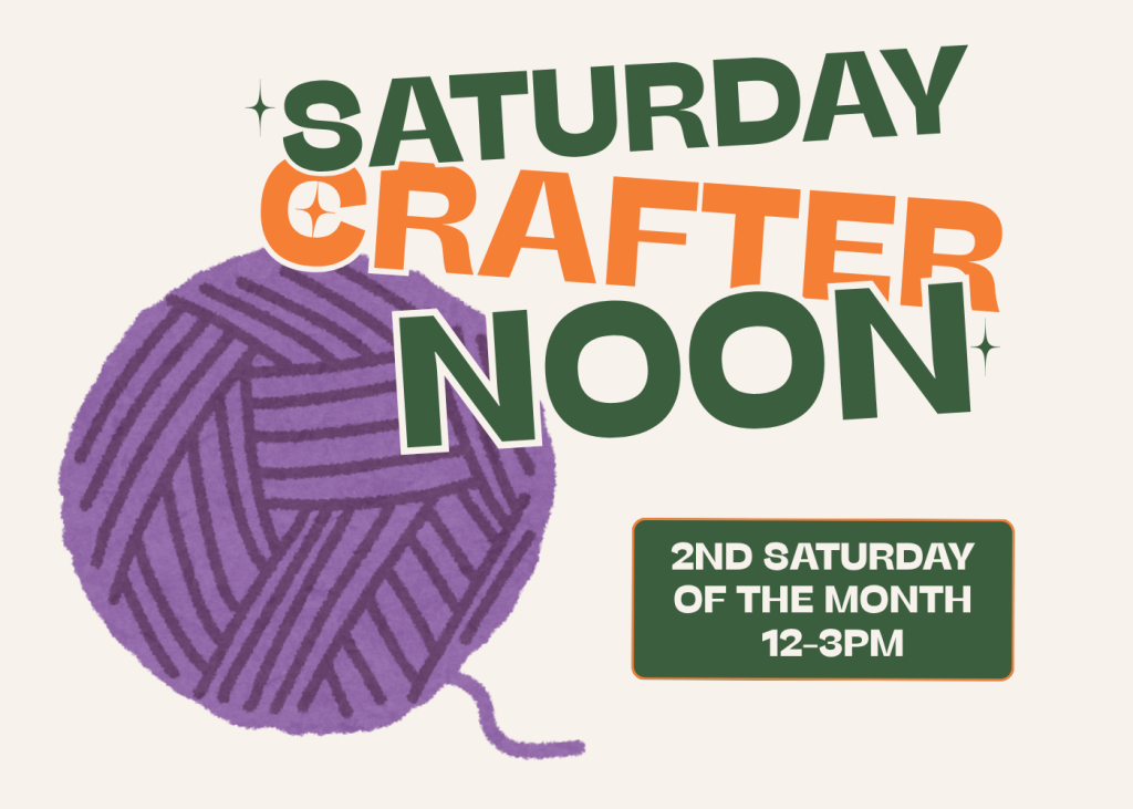 Saturday Crafternoon image with a purple ball of yarn