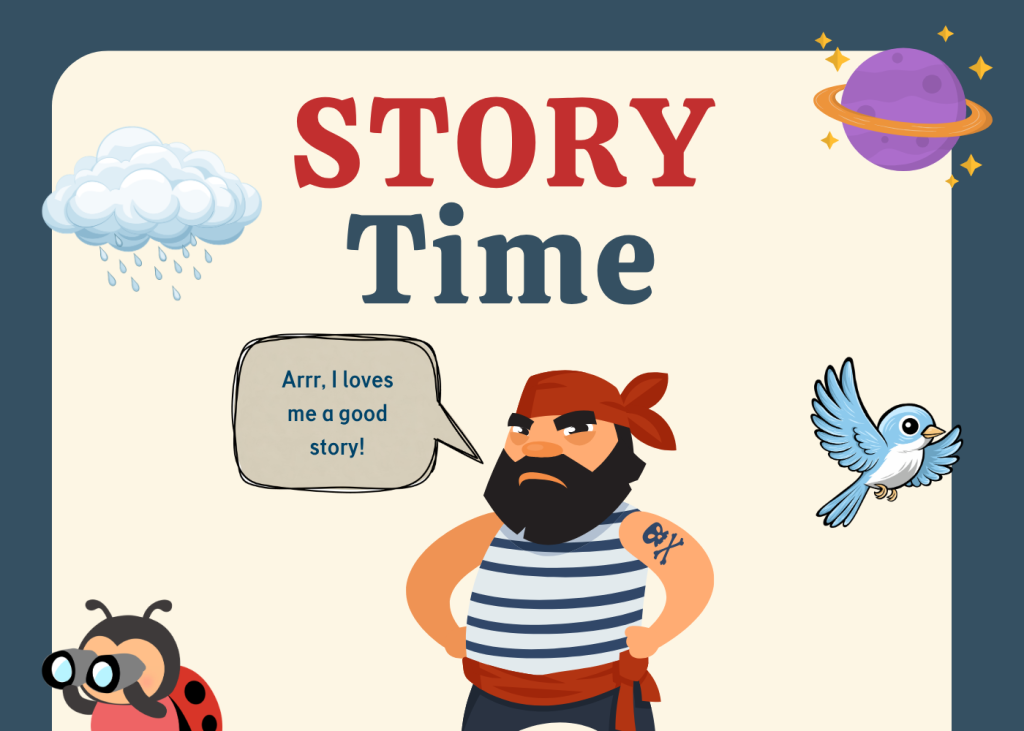Story Time image with a pirate, a cloud, a ladybug with binoculars, a planet and a bird on it.