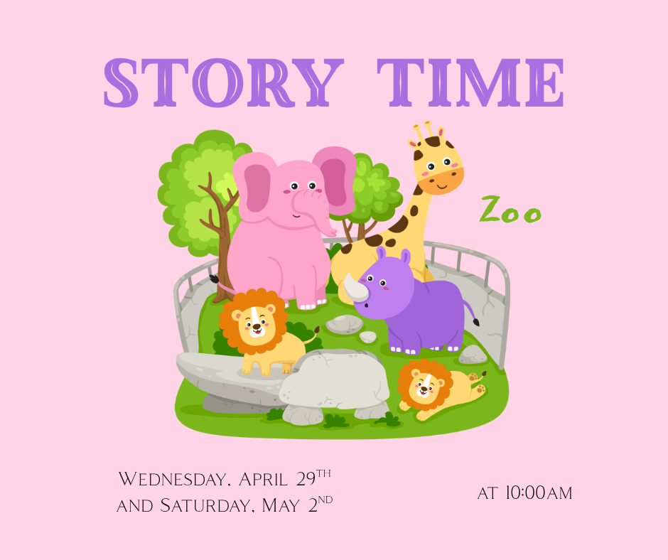 Story Time image with an elephant, giraffe, hippo, and two lions in a zoo enclosure to represent the week's theme of "Zoos."