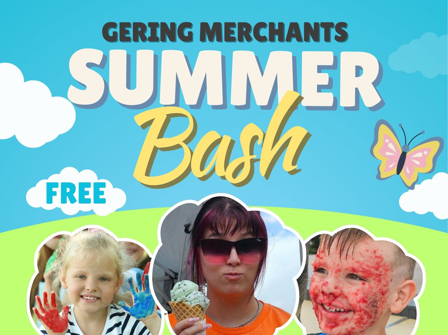 Summer Bash image with a smiling young girl, a woman wearing sunglasses, and a young boy with paint all over his face.