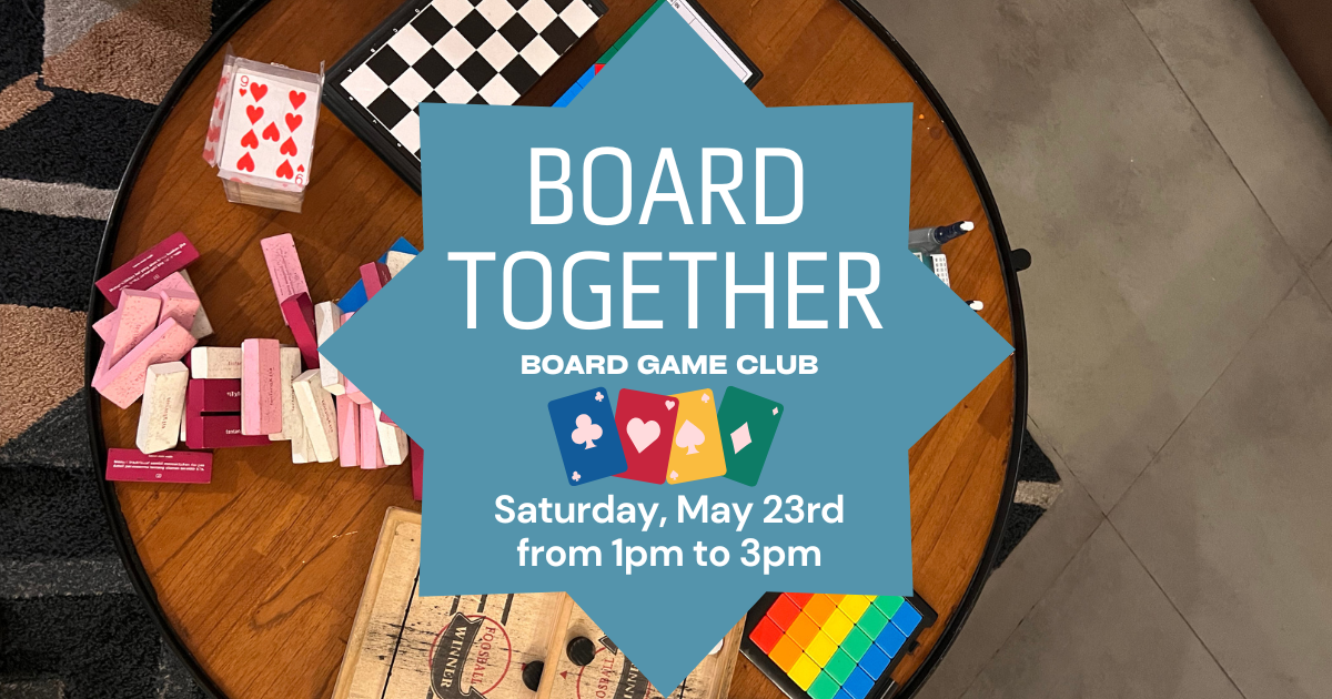 Board Together board game club image with a table that has a variety of board game pieces on it in the background.