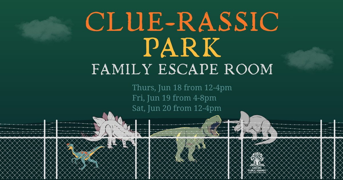 image for Clue-Rassic Park Escape Room with assorted dinosaurs behind a fence