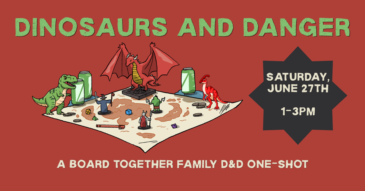 Image for Dinosaurs and Danger (a D&D one-shot) with a playing map that has characters, a dragon, and a couple of dinosaurs.