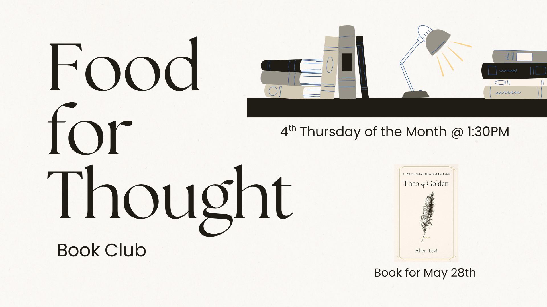 Food for Thought Book Club image with a bookshelf with books and a lamp on it and the book of the month.