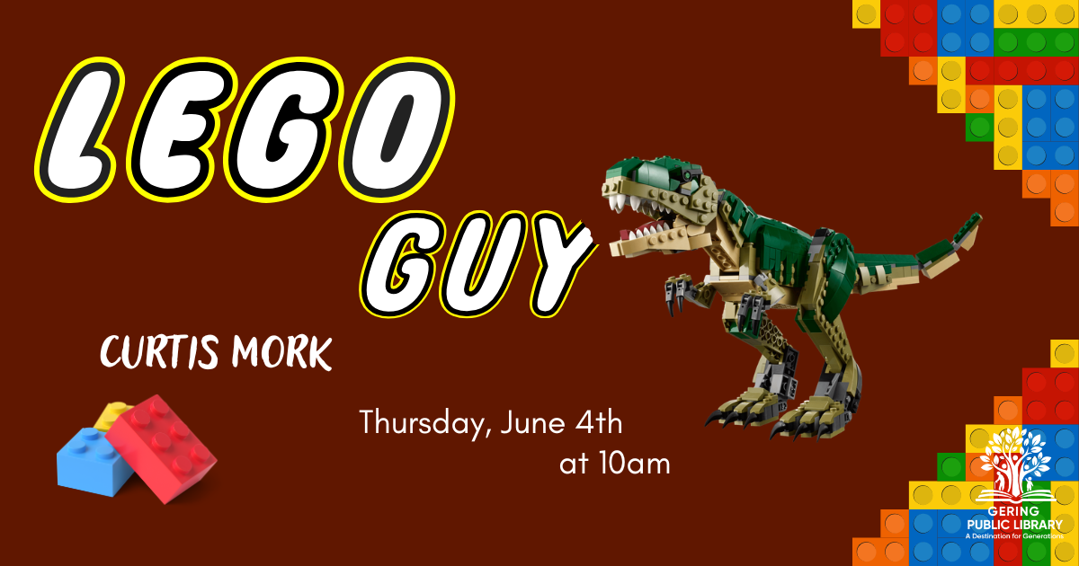 Different colored LEGOs and a LEGO dinosaur on a maroon background with information about the LEGO Guy, Curtis Mork.