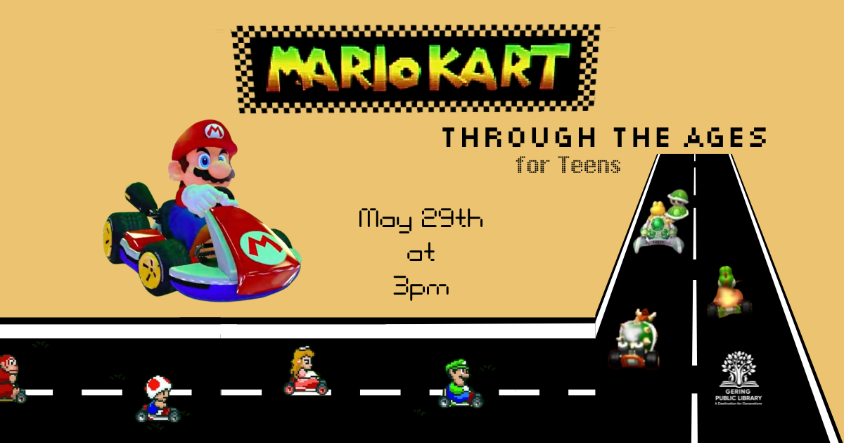 Mario Kart Through the Ages competition with a road and different mario characters from different Mario Kart versions driving on the road.