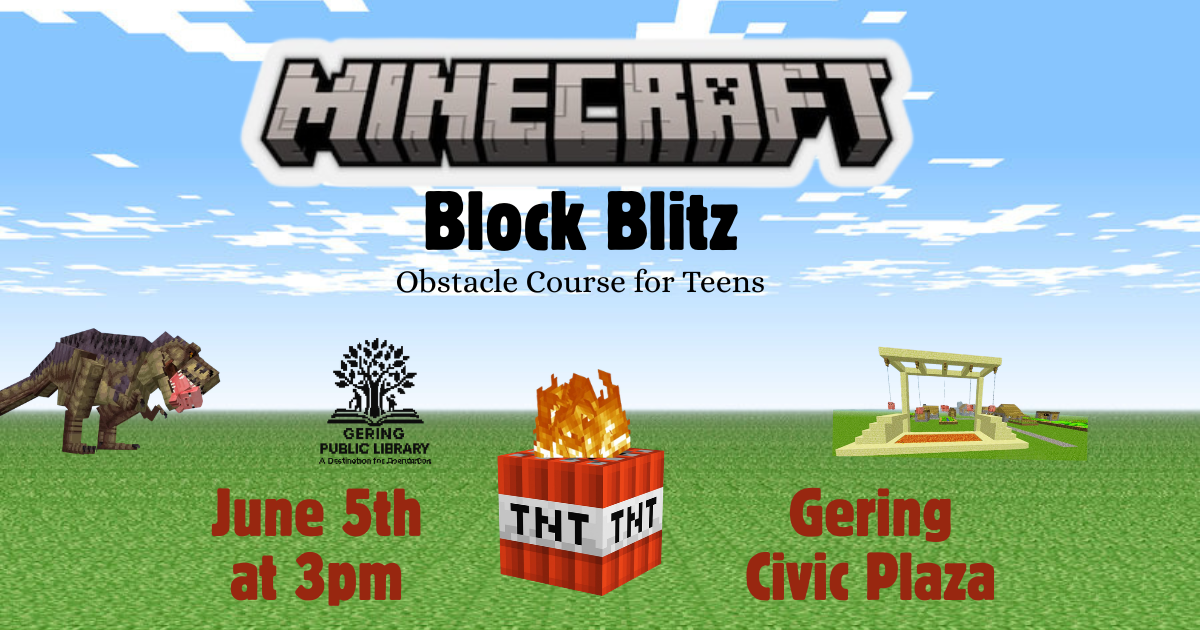 Image of grass and sky with a Minecraft TNT block in the center and a T-Rex in the background.