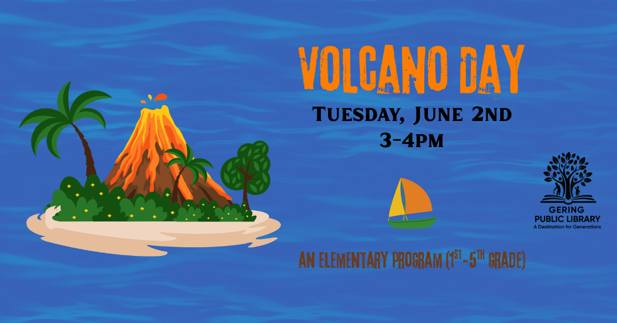 Volcano Day image with a volcano on an island and sail boat sailing away from it.